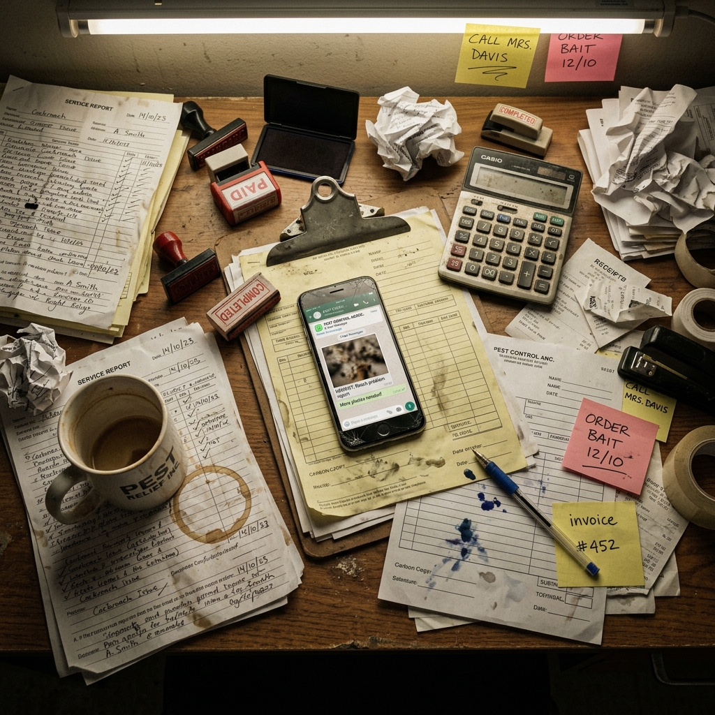 Escritorio saturado con reportes en papel con tachaduras, sellos y celular con pantalla rota
